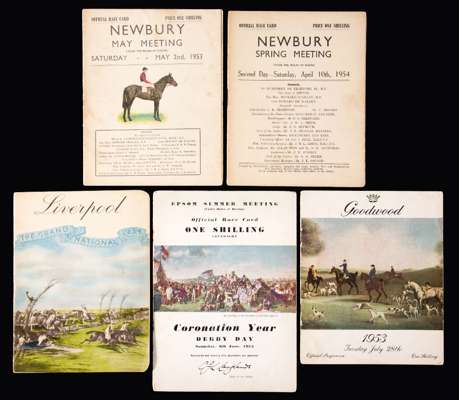 Five racecards including the 1953 Coronation Derby won by ''Pinza'' and the 1954 Grand National won by ''Royal Tan'', the other racecards comprising S