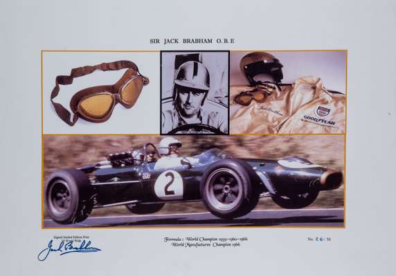 Jack Brabham 1959, 1960 & 1966 Formula One motor racing World Champion driver original autographed colour 16 by 12in. limited edition print,
 number 2