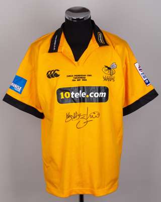 Lawrence Dallaglio yellow No.8 Wasps v. Bath match spare Final autographed shirt, 2004
