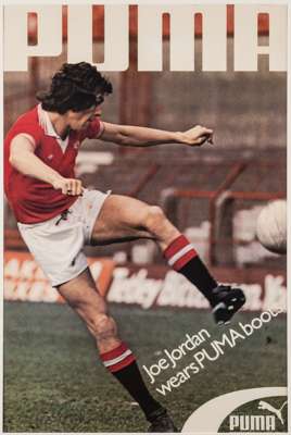 Puma football boot display advertisement poster featuring Manchester United's Joe Jordan, circa 1978,
 mounted with cellophane cover, overall 84 by 59