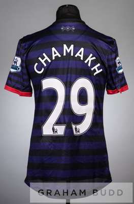 Marouane Chamakh purple and black hoop Arsenal no.29 away jersey in the Premier League, season 2012-13,
 short-sleeved with BARCLAY PREMIER LEAGUE sle