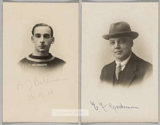 Two Crystal Palace football b&w signed studio portrait postcards, 
 comprising of B J Bateman signed in pencil and dated 26.XI.21 and EF Goodman (mana