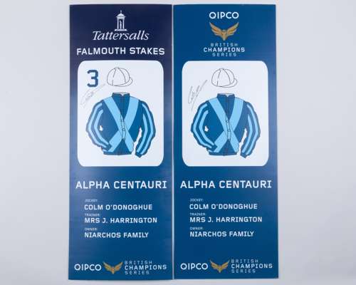 2018 Paddock parade pennants for Falmouth Stakes winner Alpha Centauri signed by C O'Donoghue