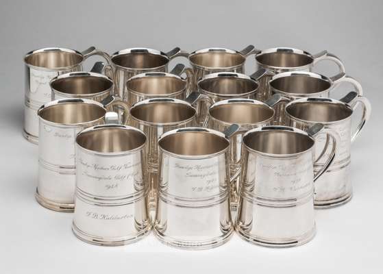 Fifteen Dunlop Masters golf tournament tankards awarded to Tom Haliburton between 1948 and 1964,
 each regent plate tankard engraved with DUNLOP MASTE