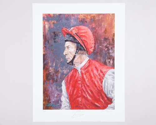 Lester Piggott signed print by the Irish artist John Fitzgerald (b.1976)
