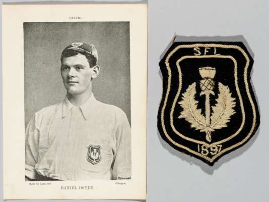 Scottish Football League representative match shirt badge awarded to Celtic's Daniel Doyle in 1897,
 black cloth shield shaped badge with cream thread