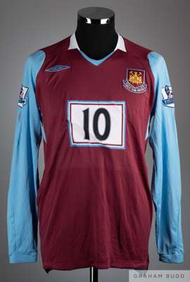 Craig Bellamy claret and blue West Ham United no.10 long sleeved shirt, 2008, 
 Umbro size M, crew neck with embroidered cloth badge inscribed WEST HA