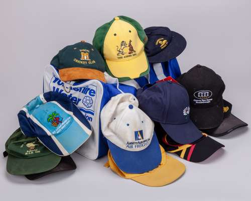 Dickie Bird collection of baseball caps including a yellow and green The Ashes 2005 Australia