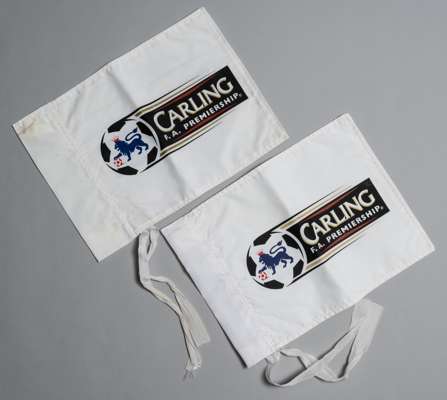 Pair of white Carling F.A. Premiership corner flags from Tottenham Hotspur's White Hart Lane
