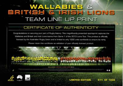 British & Irish Lions 2013 Tour of Australia, Limited Edition print 471 of 1000, 
 official panoramic lithograph from Game 1 of the series. Size 100 b