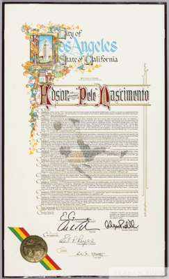 A commendation certificate presented to Pelé by the city of Los Angeles
 California, in honour of his visit in 2005. Signed by Mayor Antonio Villaraig