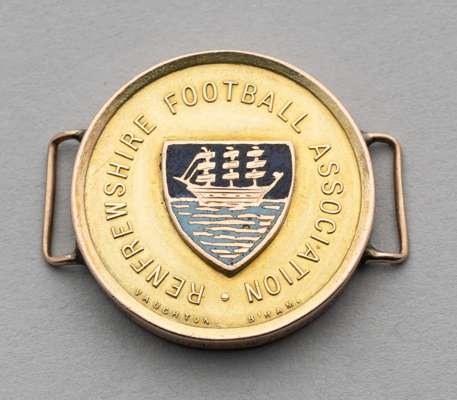 9ct gold & enamel Renfrewshire FA County Cup medal won by the Scottish international James Stark of Morton FC in 1913-14,
 fully inscribed with compet