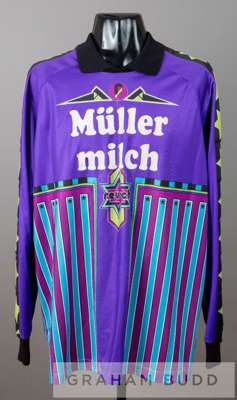 Zbigniew Robakiewicz Legia Warsaw no.1 goalkeeper's jersey, circa early 1990s,
 purple and multi-patterned by Reusch Pro-Ame, long-sleeved with padded