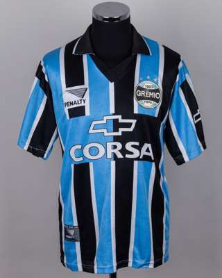 Ronaldinho sky-blue, black and white No.11 Gremio match worn short-sleeved shirt, 1998