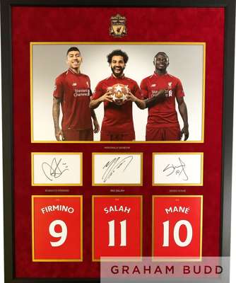 Liverpool signed & framed display Mo Salah, Sadio Mane and Roberto Firmino, 
 the trio considered the best attacking force in Europe such was their ch