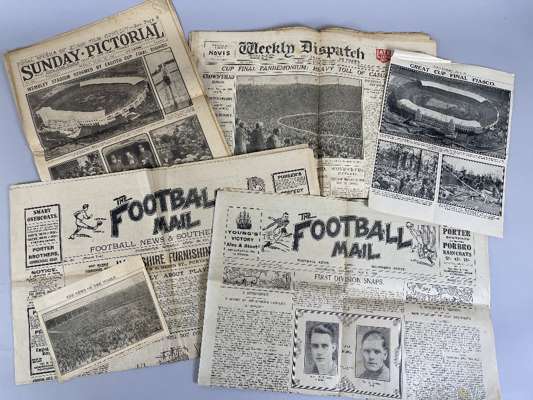Two original newspapers, carrying front page coverage of the first FA Cup final at Wembley Stadium, Bolton Wanderers v West Ham United, published Sund