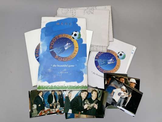 A press pack relating to launch of Football Football 
 including flyers, invitations, private 35mm photographs, blueprints etc