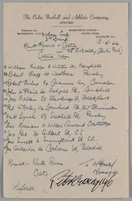 Unusual hand-written Celtic team for Victory Cup 3rd round match v. Raith Rovers, 18th May 1946 on Celtic Football and Athletic Club headed paper, 
 w