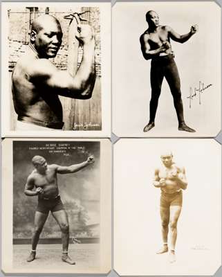 Boxing: Jack Johnson and George Godfrey four sepia 10 by 8in. heavyweight boxer photographs,
 two of Jack Johnson and two of George Godfrey, (4)

 Con