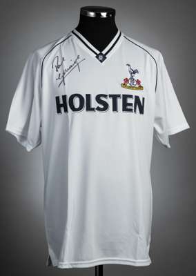 Paul Gascoigne signed white & navy Tottenham Hotspur retro jersey,
 Score Draw, short-sleeved with club crest and sponsor logo, signed in black marker