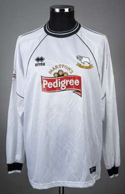 Fabrizio Ravanelli white No.21 Derby County long-sleeved jersey, 2001-03, 
 Errea, XXL, with crew-neck collar and embroidered badge inscribed DERBY CO