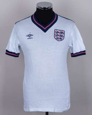 Kenny Sansom white and blue No.3 airtex England v. Italy match worn short-sleeved shirt, 1985