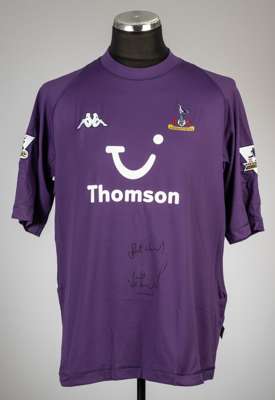 Jamie Redknapp signed purple Tottenham Hotspur no.15 third choice jersey, season 2003-04,
 Kappa, short-sleeved with BARCLAYCARD PREMIERSHIP sleeve ba