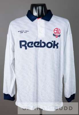 White Bolton Wanderers no.15 substitute's jersey from the 1991 Football League Third Division play-off Final,
 by Matchwinner of Scotland, long-sleeve