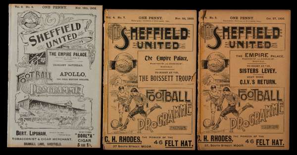 Six Sheffield United home programmes, v Bolton Wanderers 27th October 1900, Aston Villa 24th November 1900, Newcastle United 15.11.1902, Leicester Fos