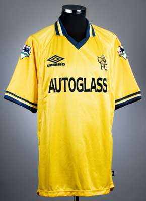Tore Andre Flo yellow Chelsea no.19 away jersey, circa 1999,
 Umbro, short-sleeved with THE FA PREMIER LEAGUE sleeve badges, club crest and sponsor lo