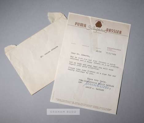 A signed typescript letter from Rudolf Dassler founder of Puma sportswear to Duncan Edwards of Manchester United and England footballer, dated 17th Fe