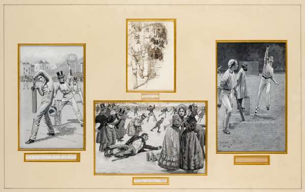 Lucien Davis (British, b.1860) four grisaille drawings of cricket scenes, dated 1837,
 each titled and signed by the artist, includes 'Caught & Bowled