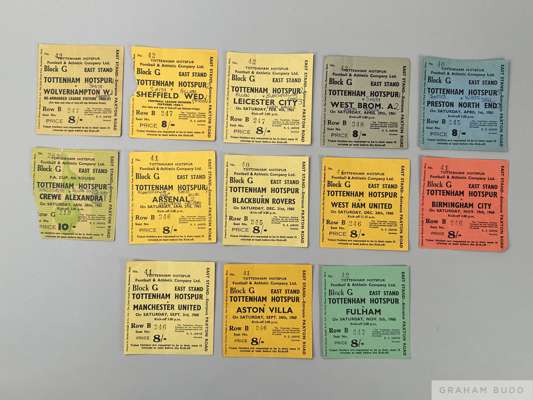 Thirteen 1960-61 "Double" season Tottenham Hotspur ticket stubs
 comprising Manchester United, Aston Villa, Fulham, Birmingham City, West Ham United, 