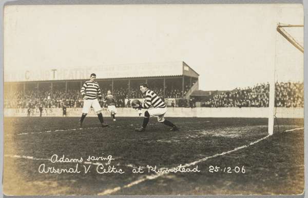 Woolwich Arsenal v Celtic b&w postcard portraying action from the match played at Plumstead on Christmas Day 1906,
 the Celtic 'keeper Davie Adams is 
