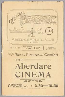 Aberdare Athletic v Reading programme 10th April 1926,
 F.L. Division Three South fixture, Fragile, faded, wear and paper loss to page edges, some ann