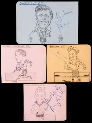 A collection of album pages with signed artist drawn caricatures of footballers from the 1951-52 season, 21 pages, 16 are back-to-back subjects, 41 dr