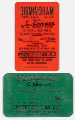 Two rare Birmingham City plastic season tickets, season 1948-49 and 1949-50,
 each incised printed on both sides, bearing season, stand area (centre s