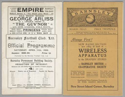 Two Barnsley home programmes,

F.L. Division Two fixtures v Bradford City 2nd April 1923 and Doncaster Rovers 11th April 1936