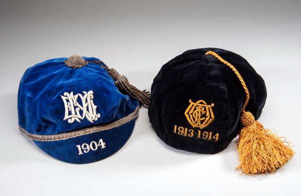 Two sporting caps dated 1904 and 1913-1914, issue unknown, both with elaborate monograms, the later dated example appearing to be a football club F.C.
