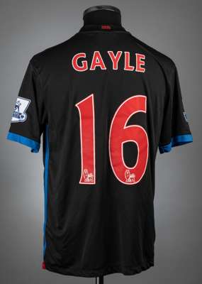 Dwight Gayle black, red & blue Crystal Palace no.16 away jersey, season 2013-14,
 match-issue, Avec, short-sleeved with BARCLAYS PREMIER LEAGUE sleeve