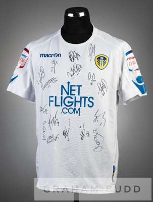 Bradley Johnson and squad signed white Leeds United No.16 jersey, season 2010-11,
 short-sleeved, with NPOWER FOOTBALL LEAGUE sleeve badges, with club