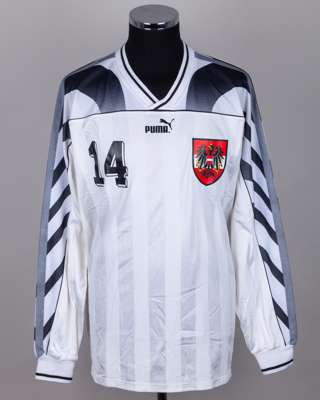 Dietmar Kuhbauer white and black No.14 Austria v. Sweden long-sleeved shirt, 1996
