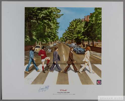"El Beatle" limited edition print No.14. of 150 featuring and signed by George Best,
 and featuring the Beatles and their iconic cover from the 1969 A
