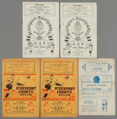 Five Stockport County 1930s home programmes,

FAC2 v Crystal Palace 9th December 1933, F.L. Division Three (North) matches v Crewe Alexandra 17th Apri