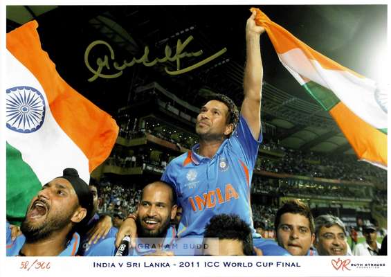 Sachin Tendulkar hand signed 8 by 12in. India Word Cup Champions (2011) photo in display folder,
 limited edition 58 of 300, part of Ruth Strauss Foun
