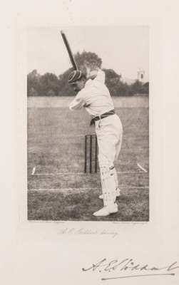 Signed A.E. Stoddart cricket engraving by Swann Electric Engraving Co.,
 depicting A.E. Stoddart driving at the wicket, signed in black ink, mounted, 