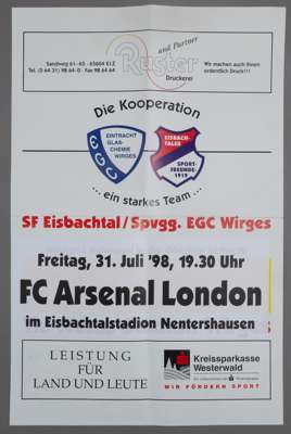 Sportfreunde Eisbachtal v Arsenal pre-season match poster, played at Eisbachtalstadion Nentershausen, 31st July 1998,
 white poster printed in with te