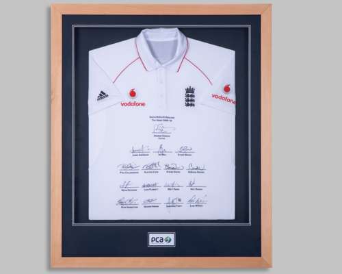 White England v. South Africa Test Series 2009-10 autographed cricket shirt display