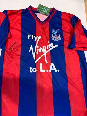 Mark Bright signed red and blue Crystal Palace retro home jersey, 
 Score Draw, short-sleeved with club crest and sponsor logo, signed in marker pen o