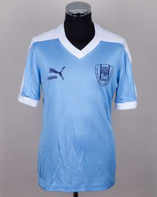 Sky blue and white No.14 Israel short-sleeved shirt, c.1986